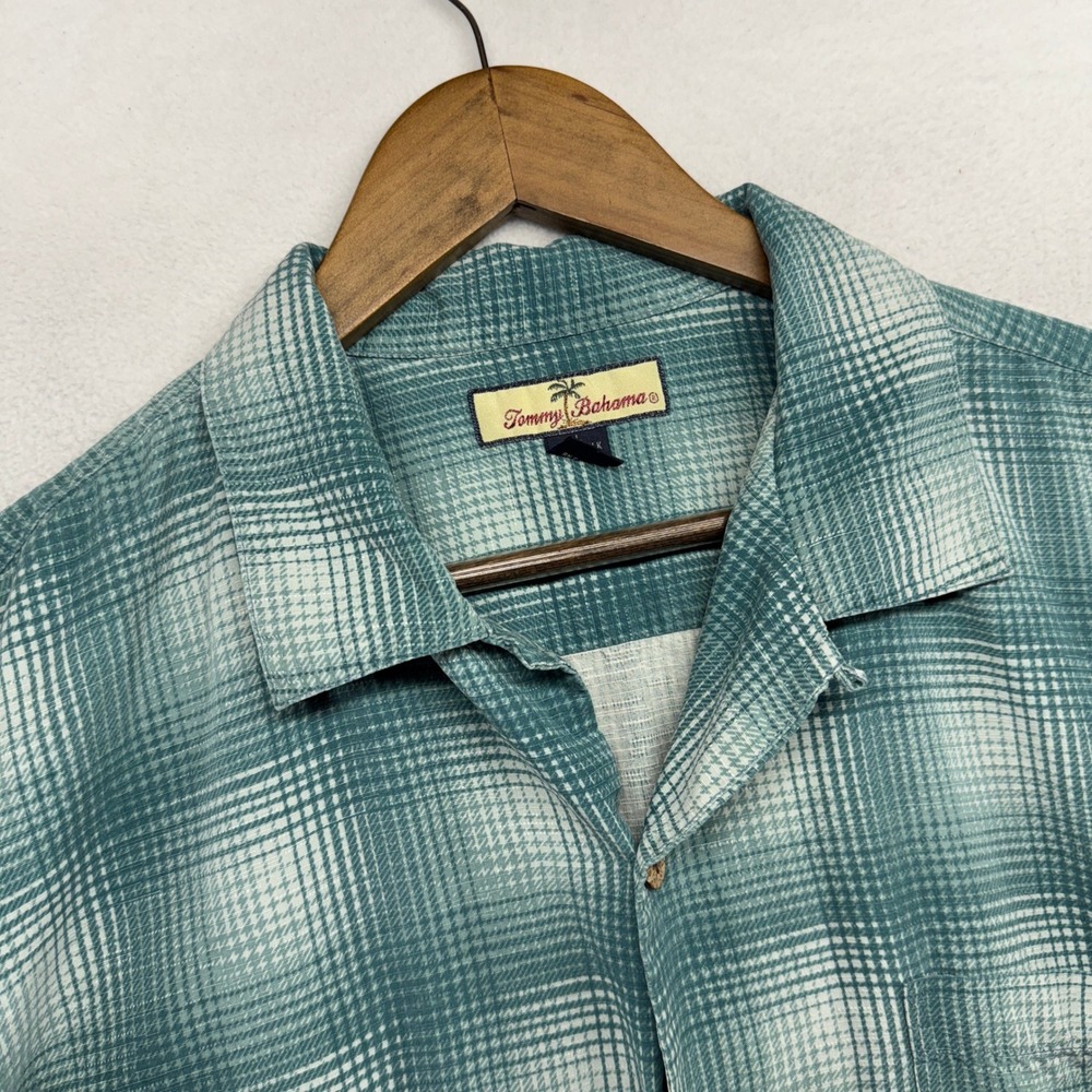 Tommy Bahama Shirt Mens Large Green Shadow Plaid Camp Button Up Houndstooth Silk